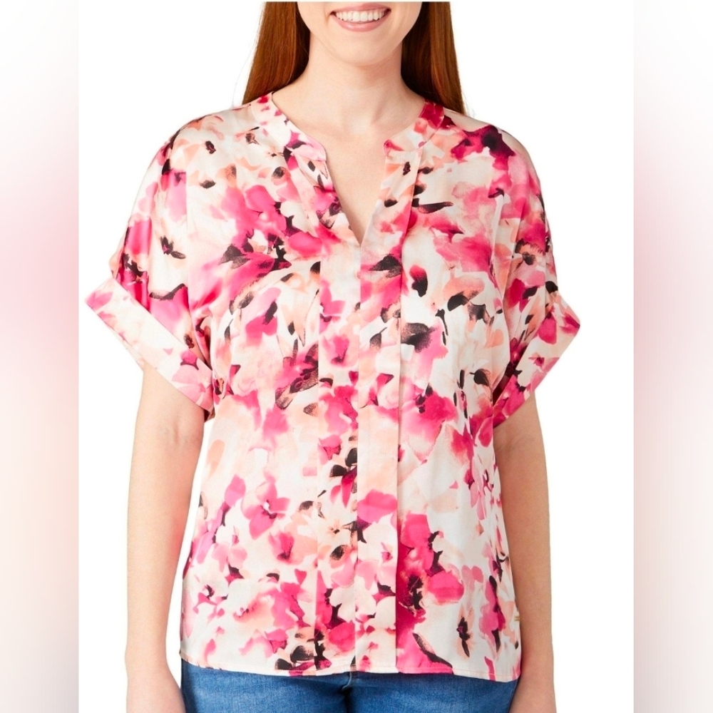 NWT Pink and white floral Nine West Women's Short Sleeve Satin Sz XS